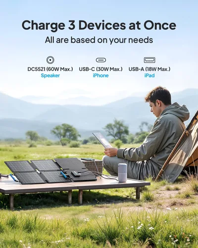 Vista 5 de BLUETTI Panel solar de 60 W, 60 vatios para generador solar manos libres, 1 manos libres, 2 AC2A, cargador solar plegable para senderismo, camping