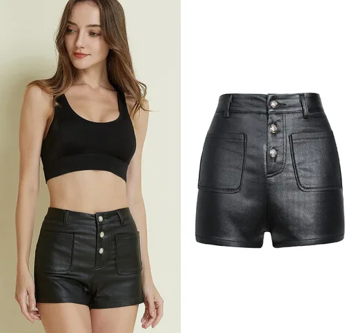 Vista 3 de Womens Faux Leather Shorts Hight Waiste Button Up-PU Leather Short