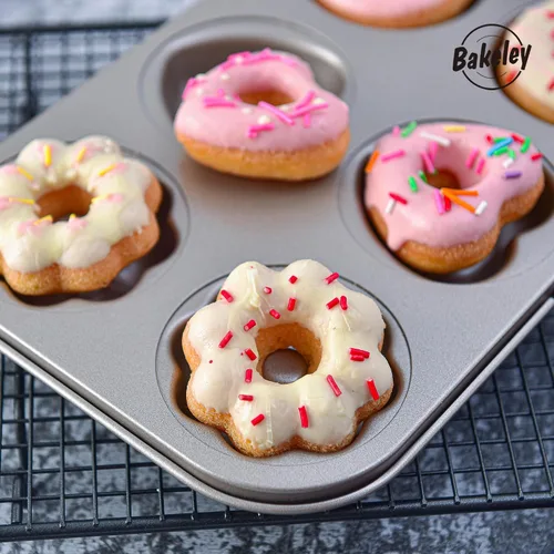 Vista 7 de Molde de Donas Elegante, Molde de Donas de 6 Cavidades, Molde de Bundt de Acero Resistente Antiadherente con Forma de Corazón y Flor, Redondo, Juego