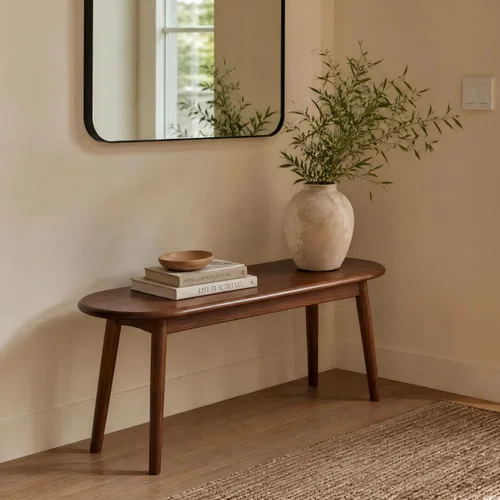 Vista 11 de Banco de entrada de madera de roble macizo de 47 pulgadas, banco de comedor con diseño redondeado en forma de baguette, banco de madera multiusos
