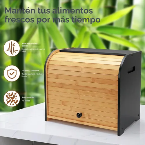 Vista 6 de Panera para Encimera de Cocina, Contenedor de Almacenamiento de Pan de Bambú de Doble Capa para Pan Casero, Panera con Tapa Enrollable con 3 Alturas