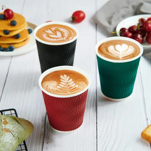 Vista 2 de MUCHII Tazas de café de papel aisladas de 10 onzas, 120 unidades, multicolor, desechables, diseño ondulado para bebidas calientes Multi