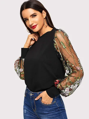 Vista 4 de Romwe Blusa casual holgada con mangas de obispo bordadas y bordadas para mujer