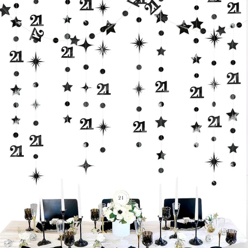 Vista 4 de Guirnalda de número 21 en negro con puntos circulares y estrellas centelleantes, metálica, para colgar, banderines, banner, telón de fondo