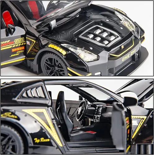 Vista 3 de BDTCTK - Coche modelo compatible de escala 1/24 para Nissan GTR, juguete de aleación de zinc con sonido y luz para niños y niñas (negro)