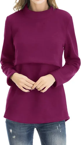 Vista 7 de Smallshow Camisetas de maternidad con forro polar para mujer, manga larga, ropa para amamantar Verde militar