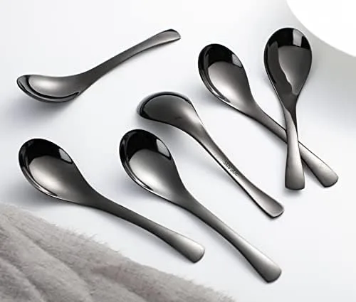 Vista 5 de Juego de 6 cucharas de mesa redondas de acero inoxidable con espejo pulido de plata para ramen