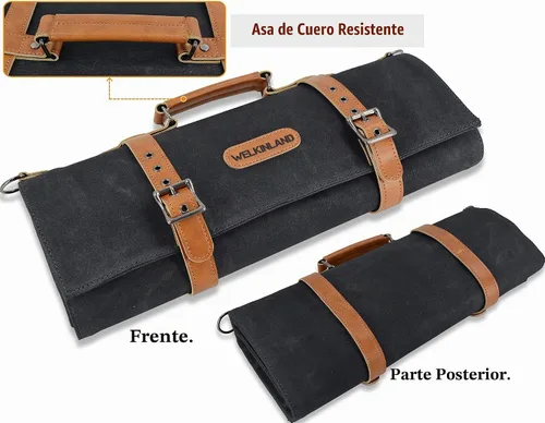 Vista 6 de WELKINLAND Bolsa enrollable de cuchillos con 14 bolsillos, Bolsa enrollable de cuero de lona encerada, Porta cuchillos, Bolsa enrollable