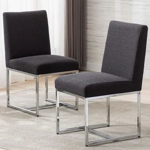 Vista 2 de Juego de 4 sillas de comedor modernas de tela, sillas de comedor tapizadas de lino, silla de cocina sin brazos de mediados de siglo con patas