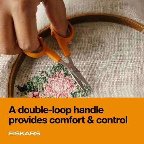 Vista 4 de Fiskars Tijeras con mango naranja de corte recto, hojas de acero inoxidable, mango ambidiestro de doble asa