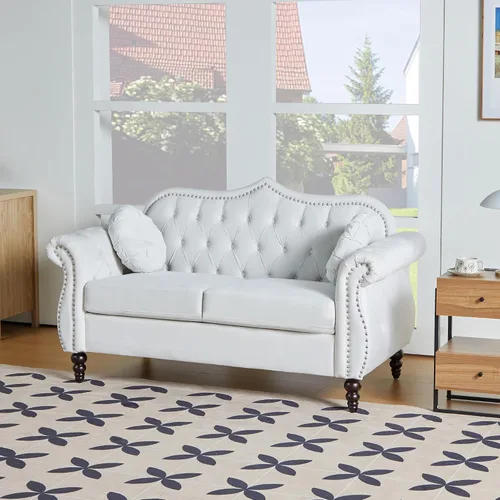 Vista 25 de AVZEAR Chesterfield - Juego de sofás seccional de 2 piezas para sala de estar, sofá tapizado en terciopelo moderno de mediados de siglo, sofá Blanco