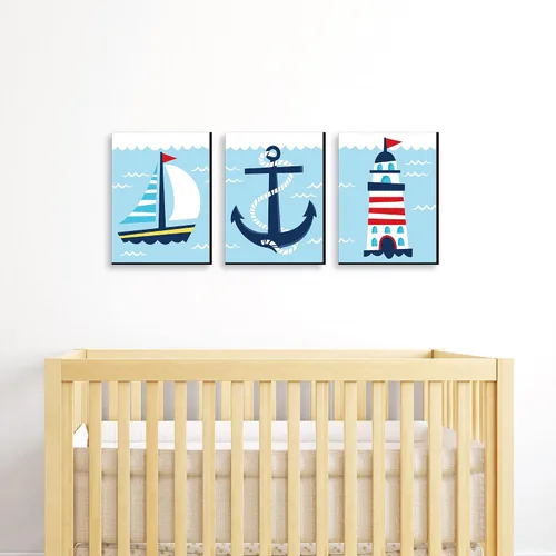 Vista 2 de Big Dot of Happiness Faro, velero y ancla - Arte de pared para guardería infantil y decoración náutica para habitación de niños, 7.5 x 10 pulgadas