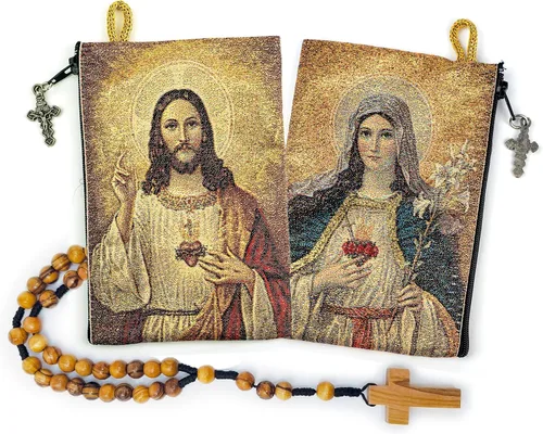 Vista 21 de Bolsa de rosario con cuerda católica de madera de olivo, rosario de Israel, Jesús Rey del Universo y creo en Dios, tela tejida, estilo tapiz, bolsa
