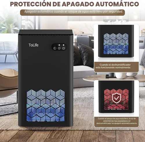 Vista 6 de ToLife Deshumidificador para el hogar, deshumidificadores de 1000 pies cuadrados para sótano, dormitorio, baño, con tanque de agua de 95 onzas