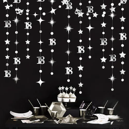 Vista 13 de Decoración de cumpleaños número 18 en negro, número 18 con punto circular, guirnalda de estrellas centelleantes, banderines de serpentina metálica