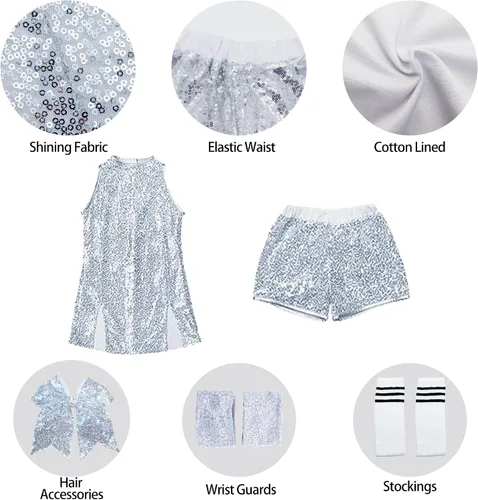 Vista 4 de Vestido de baile de lentejuelas para niñas, disfraz de baile de jazz, trajes de hip hop, sin mangas, vestido de baile brillante y pantalones cortos
