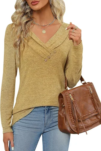 Vista 3 de Blusa casual de manga larga para mujer, para usar con leggings, cuello en V, con botones, estilo casual