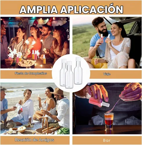 Vista 7 de Patelai Juego de 100 mini botellas de licor, botellas vacías de plástico de 1.7 onzas líquidas para fiestas, recipientes de alcohol con tapas, 6