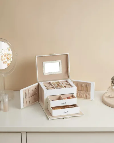 Vista 8 de SONGMICS Joyero de 3 niveles joyero de viaje con asa 2 cajones organizador de joyas con cerradura con espejo almacenamiento de joyas estilo moderno