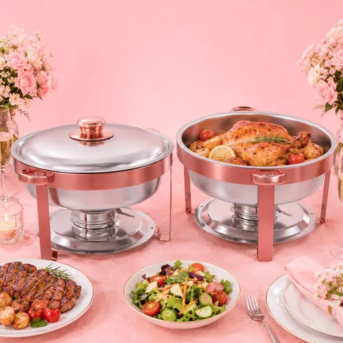 Vista 11 de IMACONE Juego de Bandejas Calentadoras de Buffet 4 Piezas, 5QT Redondas de Acero Inoxidable con Tapa de Vidrio para Catering, Conjuntos