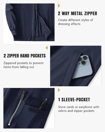 Vista 16 de Polu Chaquetas bomber para hombre con bolsillos, chaquetas cortavientos ligeras, cremallera de 2 vías, abrigo casual de negocios para otoño e