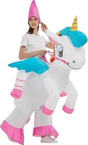 Vista 3 de One Casa Disfraz inflable de unicornio para montar en el aire de unicornio, divertido vestido de fiesta de Halloween para adultos