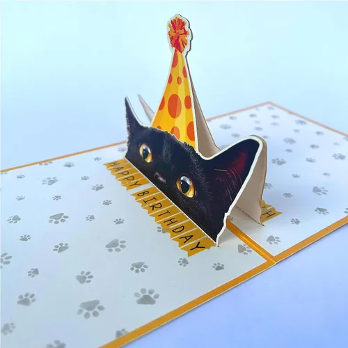 Vista 4 de Tarjeta de cumpleaños de gato negro, tarjeta desplegable 3D con sobre, tarjeta de felicitación de feliz cumpleaños para amantes de los gatos