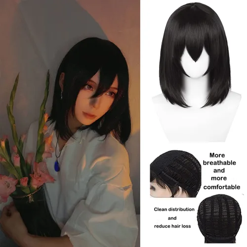 Vista 7 de Peluca de cabello sintético de 18 pulgadas18.1in, color negro Bob para mujeres y hombres, peluca de pelo sintético de longitud media para fiestas