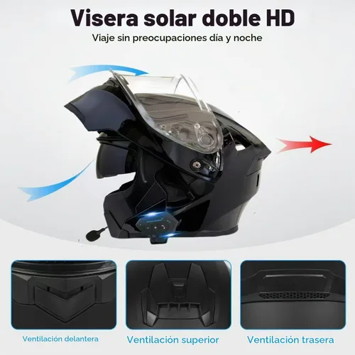 Vista 5 de Casco modular Bluetooth para motocicleta, aprobado por DOT, de cara completa con visor abatible, de doble visera, con altavoces duales y micrófono