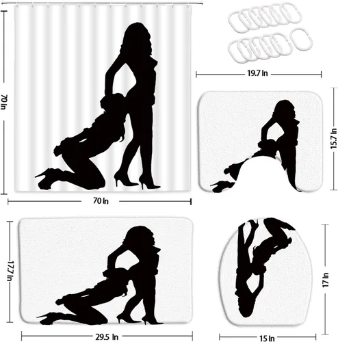Vista 2 de Juego de 4 cortinas de ducha con diseño de mujer sexy, diseño de silueta de niña, diseño divertido y moderno, para baño, tapa de inodoro, alfombras