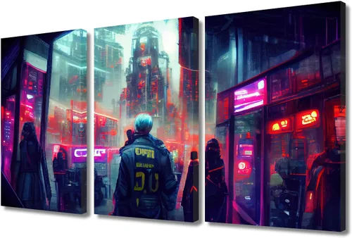 Vista 60 de Lienzo decorativo para pared de sala de estar, lienzo Cyberpunk, decoración de pared de 3 paneles, decoración de pared para el hogar, dormitorio