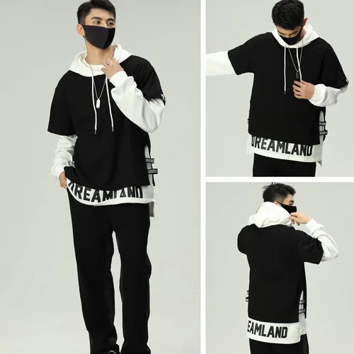 Vista 6 de Covisoty Sudadera con capucha para hombre, con estampado de letras, ropa deportiva, sudadera de manga larga con retazos