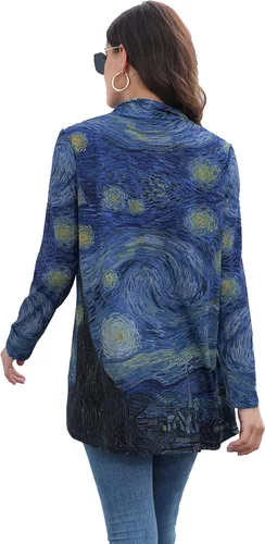 Vista 5 de YOPLANET Van Gogh - Camisa de regalo de noche estrellada larga frente abierto, cárdigan ligero para mujer, ropa de verano de manga larga