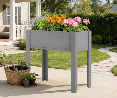 Vista 7 de Cama de jardín elevada con patas (31 x 16 x 31 pulgadas), maceta elevada de madera maciza para exteriores