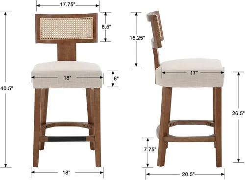 Vista 2 de RIVOVA Taburete de bar de ratán de 26 pies, taburetes de cocina modernos con respaldo tejido de ratán natural, sillas tapizadas de lino de granja