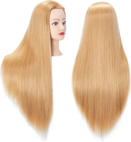 Vista 22 de Hairingrid Cabeza de maniquí de 26 a 28 pulgadas, para entrenamiento de peinado, cosmetología, cabeza de muñeca, pelo de fibra sintética y soporte