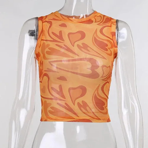 Vista 4 de Camiseta corta de malla Y2k para mujer sexy con estampado de ondas de corazón transparente y bonitas sin mangas de verano