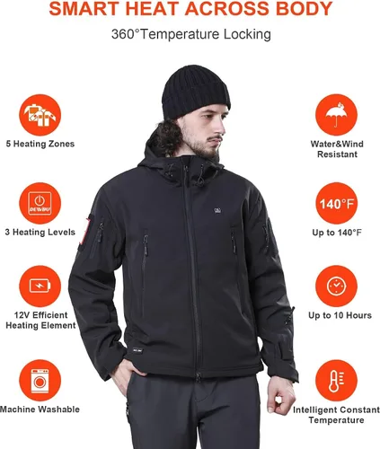 Vista 3 de DEWBU Chaqueta de hombre con calefacción eléctrica para invierno y con batería de 12 V, abrigo con revestimiento suave para exteriores Negro