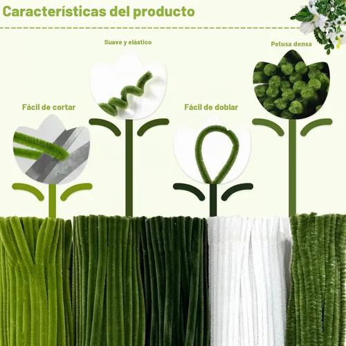 Vista 5 de Kit de flores de limpiapipas verdes, 450 piezas de tallos