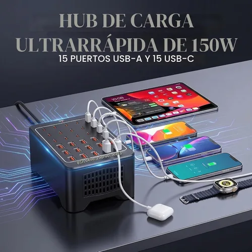 Vista 3 de Estación de carga USB C de 150 W, cargador rápido de múltiples dispositivos de 30 puertos (15 USB-C + 15 USB-A), cargador de escritorio, compatible