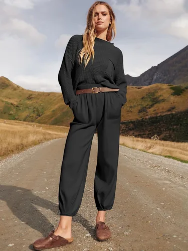 Vista 9 de Prinbara Conjunto de 2 piezas para mujer, suéter de punto para otoño, pantalones de gran tamaño, conjunto casual de descanso