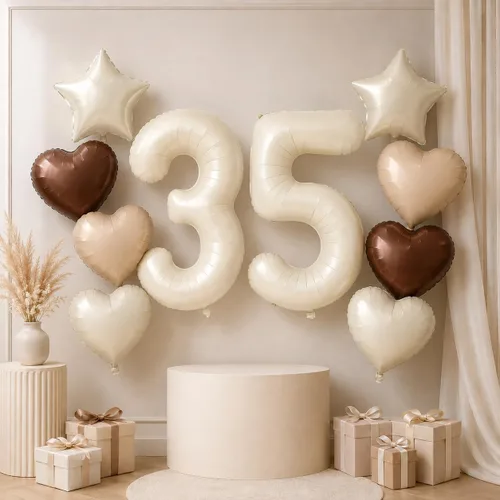 Vista 12 de Decoración de Globos Número 10 de 40 Pulgadas, Globos de Corazón Neutro de Papel de Aluminio Crema Retro Albaricoque Marrón con Globo de Helio