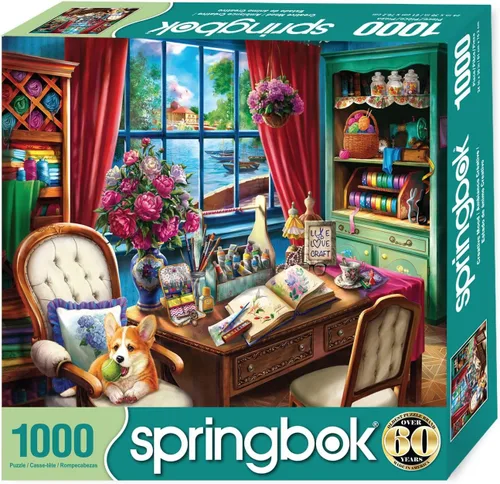 Vista 2 de Springbok Creative Mood - Rompecabezas de 1000 piezas para adultos, corgi en estudio de arte, piezas de corte único, fabricado en Estados Unidos