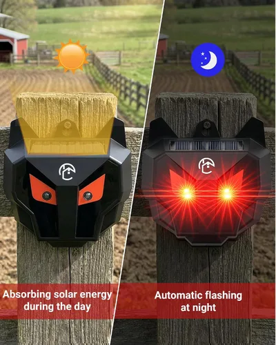 Vista 3 de Luces solares de depredador disuasorio de coyote - Repelente nocturno de animales con luces LED intermitentes rojas para gallinero, patio y jardín