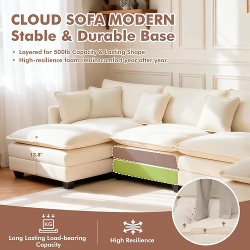 Vista 4 de Sofá seccional, cómodo sofá modular de nube, sofá modular de asiento profundo, sofá moderno en la nube, sofás modulares para sala de estar, Beige