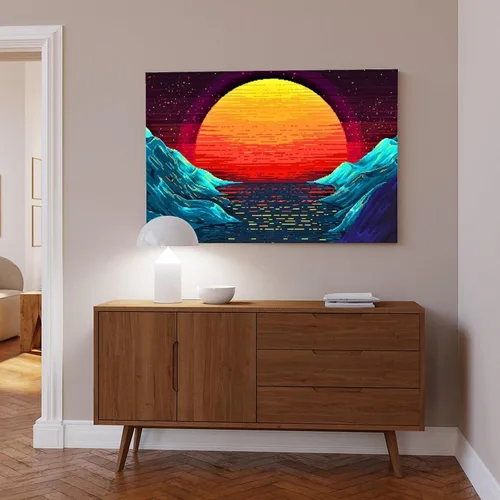 Vista 6 de Original Retro Wave at Sunset Painting Art on Canvas, Magical Sun Printing Canvas Sets, Pixeles Graphics Canvas Wall Art Print Poster For Home