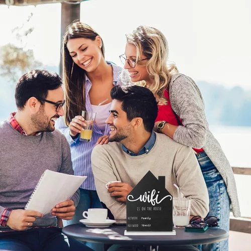 Vista 7 de Letrero de Contraseña con Patrón WiFi para Invitados del Hogar Mesa de Madera Letrero con Patrón WiFi de Madera con Tablero Pluma Borrable Pizarra
