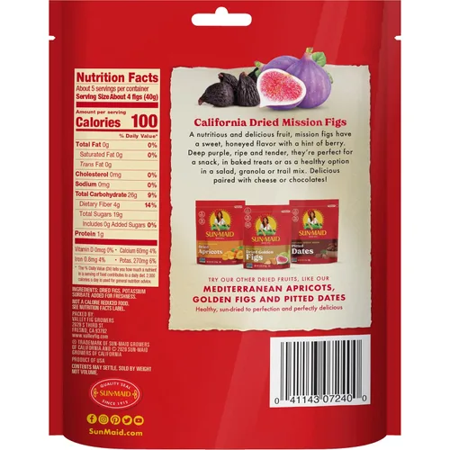 Vista 3 de Sun-Maid California Dried Mission Figs Snack 4 onzas Fruta seca natural entera Sin azúcar añadido Naturalmente sin gluten Sin OMG