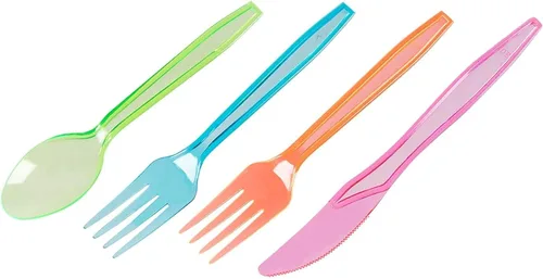 Vista 8 de Juvale Juego de cubiertos de plástico arcoíris – Utensilios desechables de neón para fiestas – Cubiertos desechables para limpieza – Vajilla
