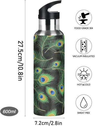 Vista 9 de Insulated Water Bottle 32 Oz, BPA-Free Sports Water Bottle with Straw for Gym Outdoor Travel School, Peacock Feather Black